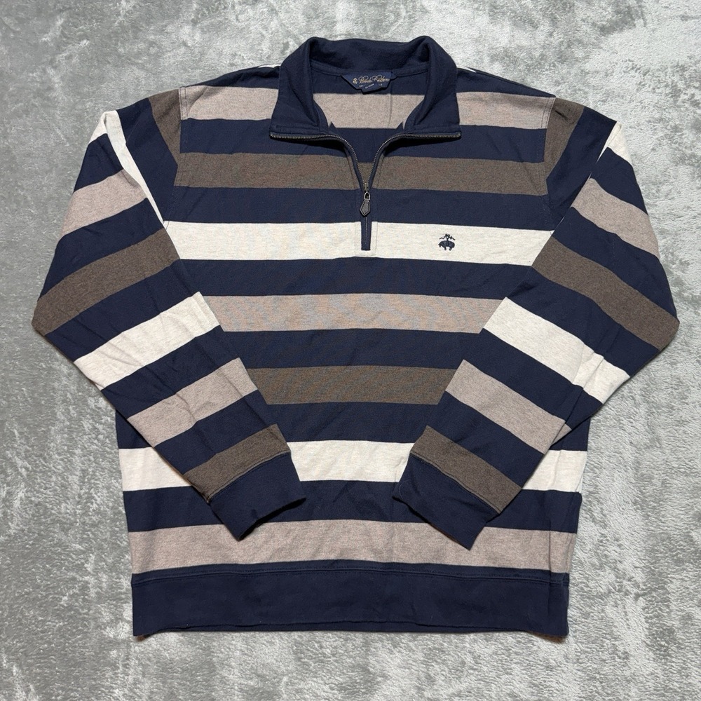 Brooks Brothers 1/4 Zip Sweater Mens Large L Cotton Striped Blue Brown Pullover
